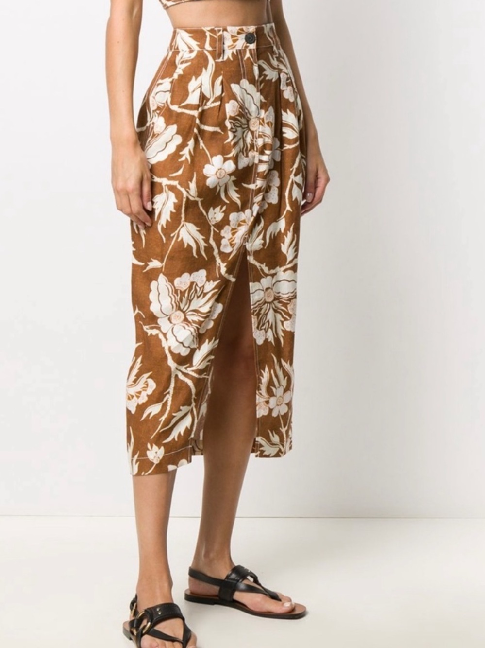 Mara Hoffman Florence Floral Hemp Midi Skirt Olive Brown Ivory Front Slit